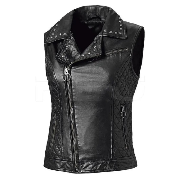 LADIES CLASSIC STYLE STUDDED ZIPPERED MOTORCYCLE LEATHER CONCEALED CARRY VEST - Picture 1 of 1